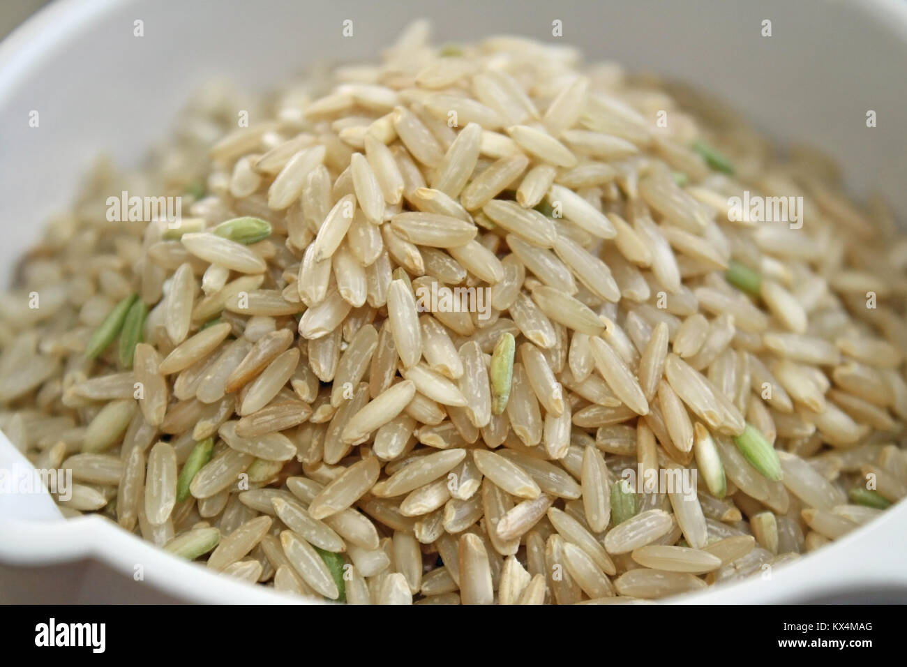 Chicchi crudi di sani riso marrone in una tazza di misura Foto Stock