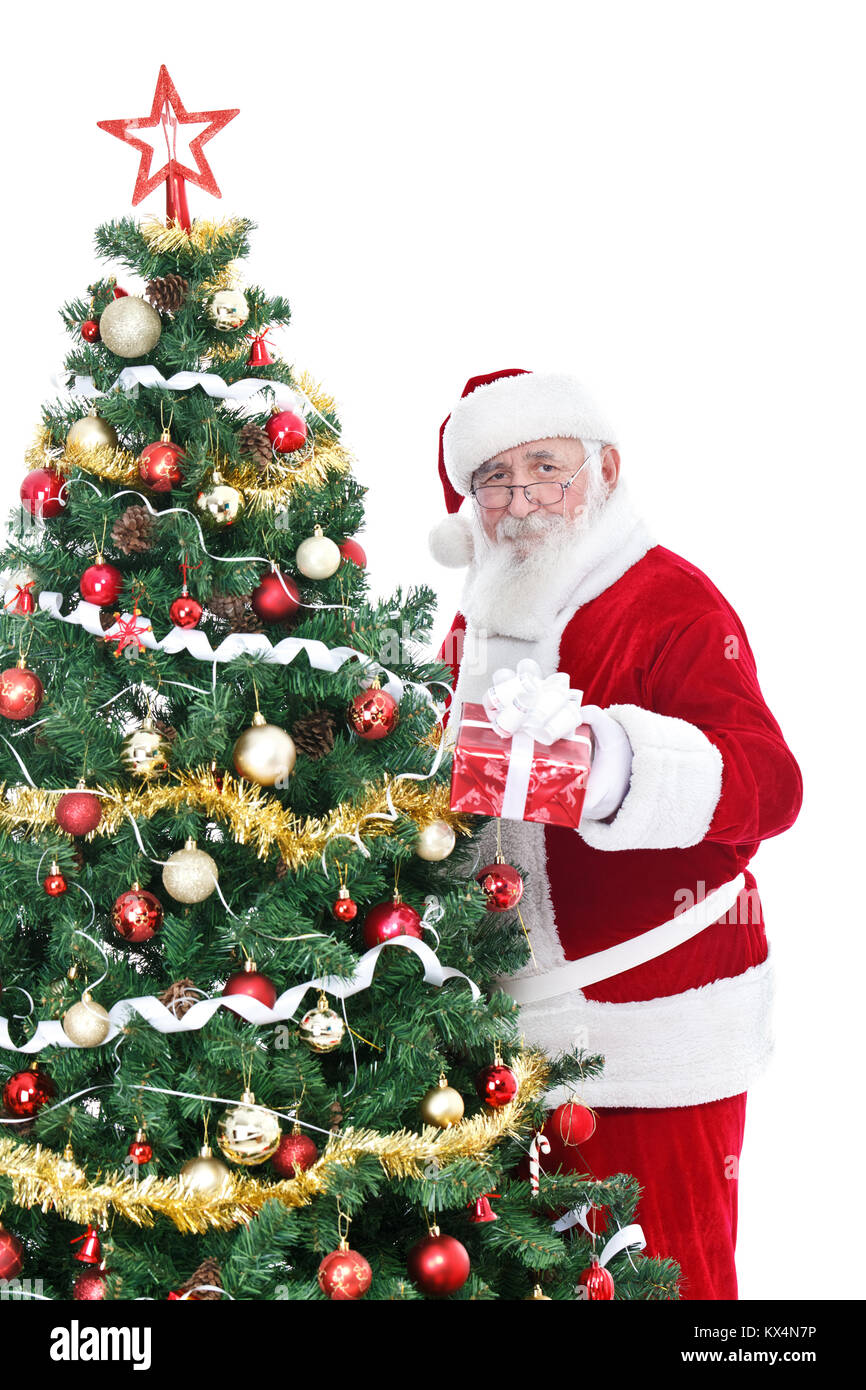 Babbo Natale regalo di contenimento e in piedi accanto ad albero di Natale, isolato su sfondo bianco Foto Stock