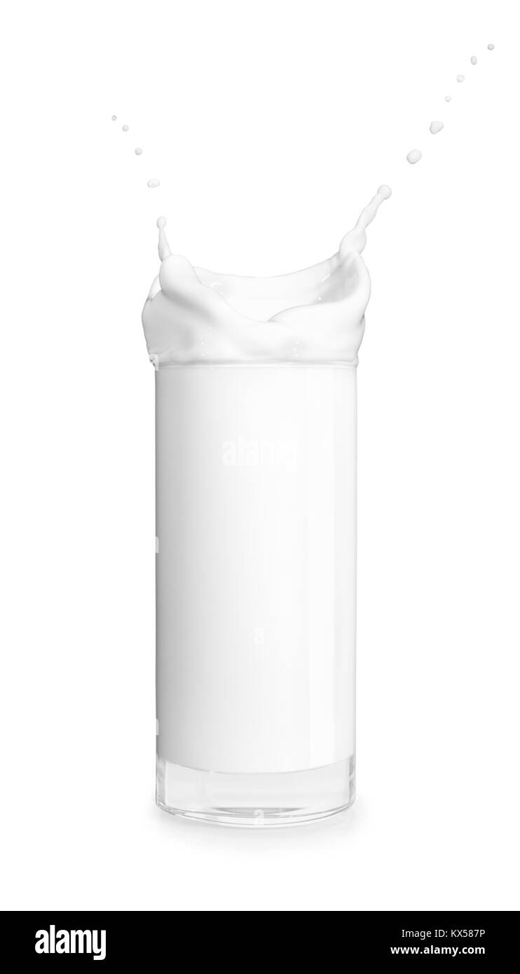 Bicchiere di latte isolato su sfondo bianco. Latte splash. Versare il latte Foto Stock