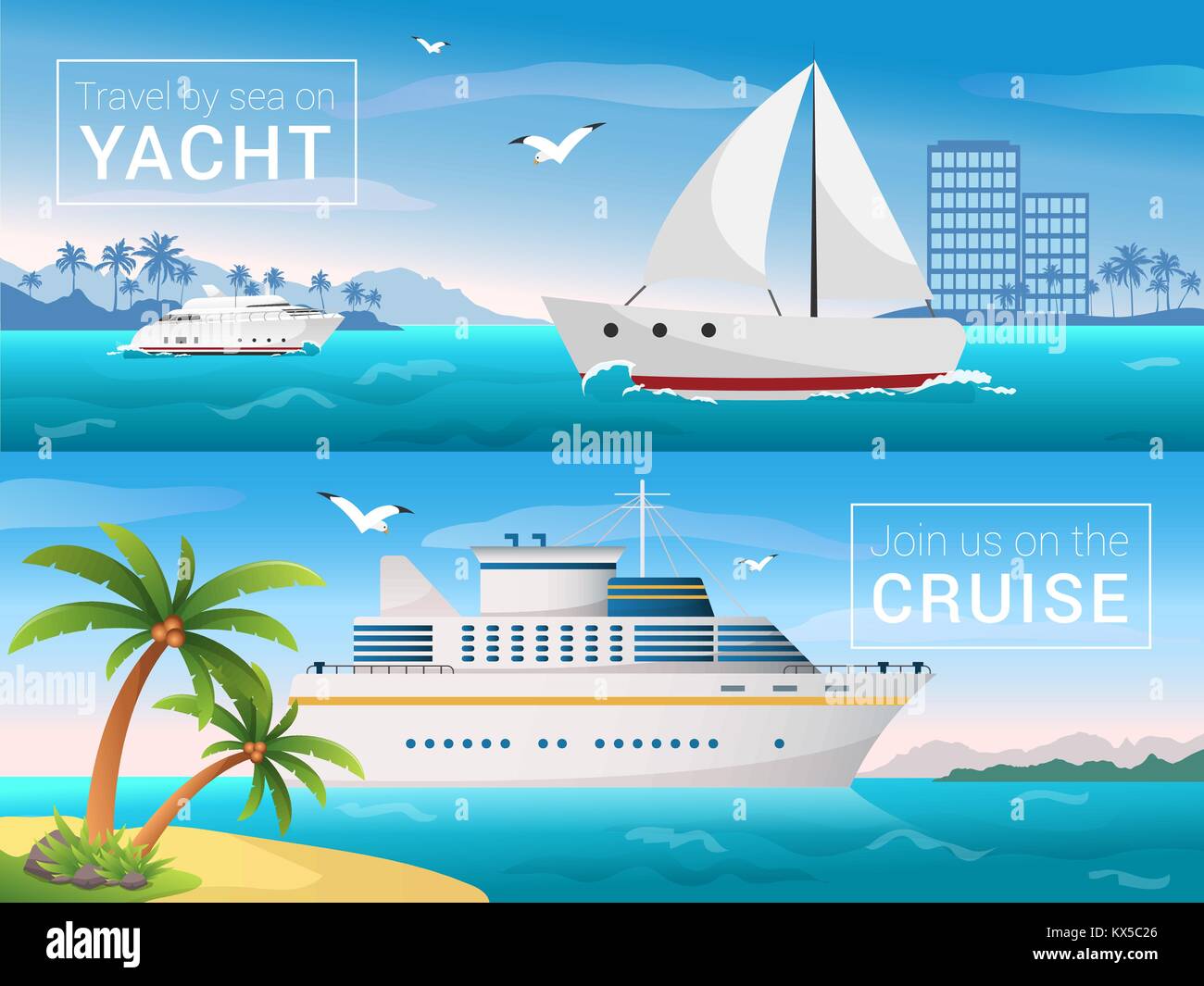 Vettore banner di viaggio set. Yacht nella baia di isola tropicale, oceano mare crociera nelle isole. Illustrazione Vettoriale