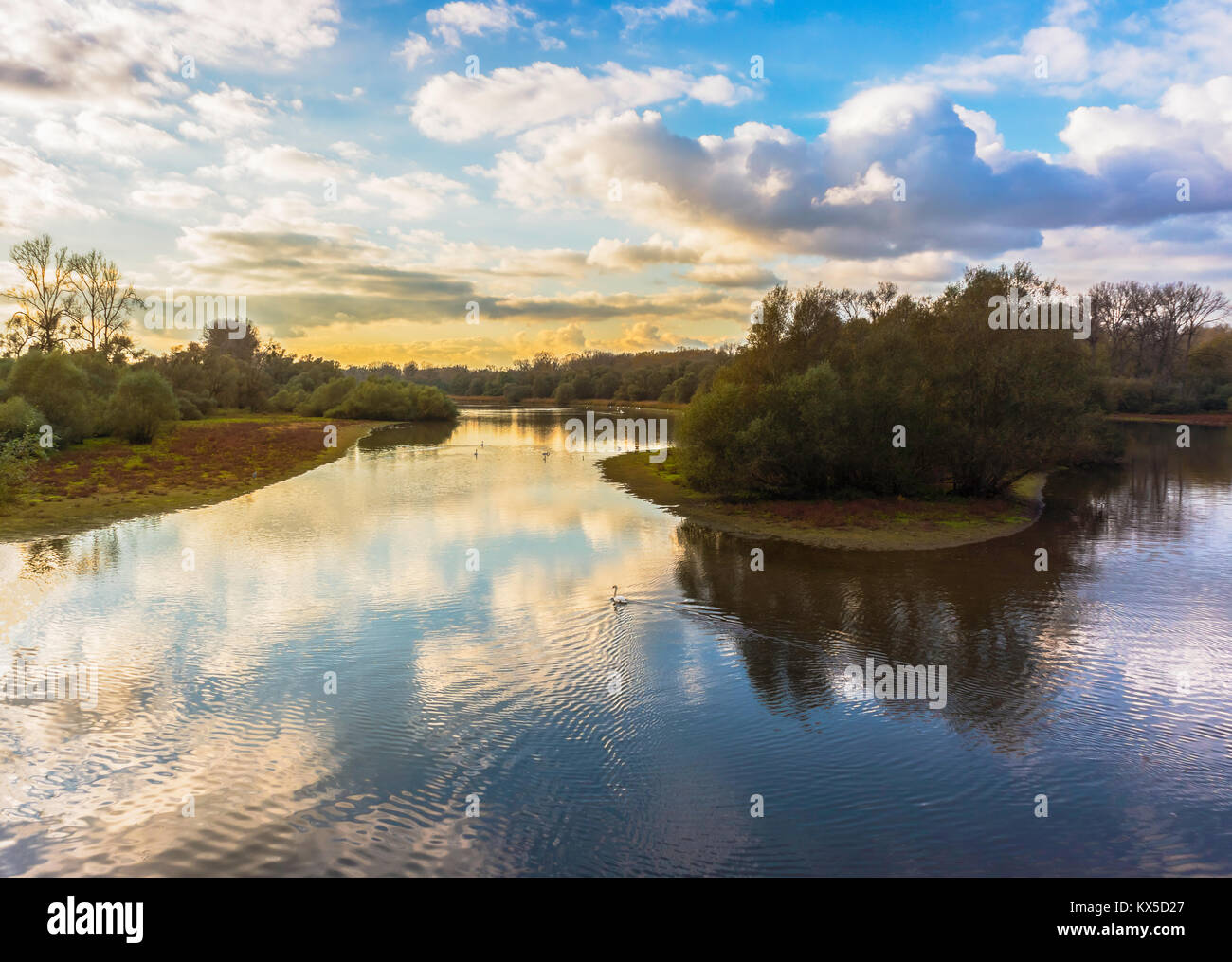 Bellissimo paesaggio del Delta Sauer riserva naturale sul tardo pomeriggio, settentrionale Alsazia, Francia, Europa. Foto Stock