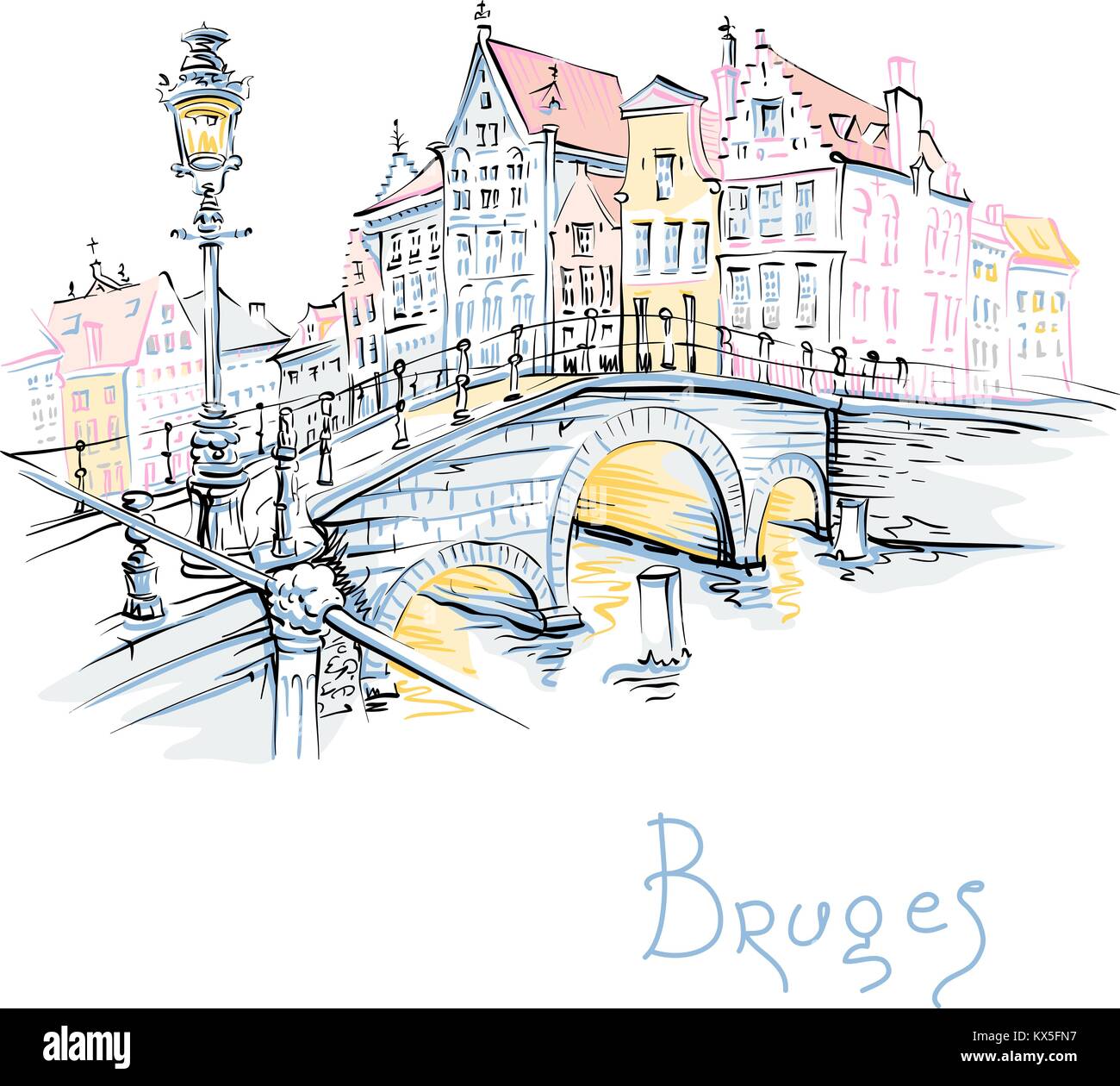 Città panoramica vista del canale di Bruges con belle case Illustrazione Vettoriale