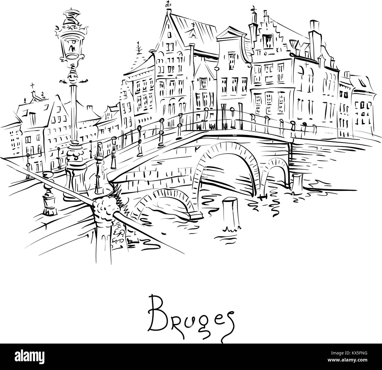 Città panoramica vista del canale di Bruges con belle case Illustrazione Vettoriale