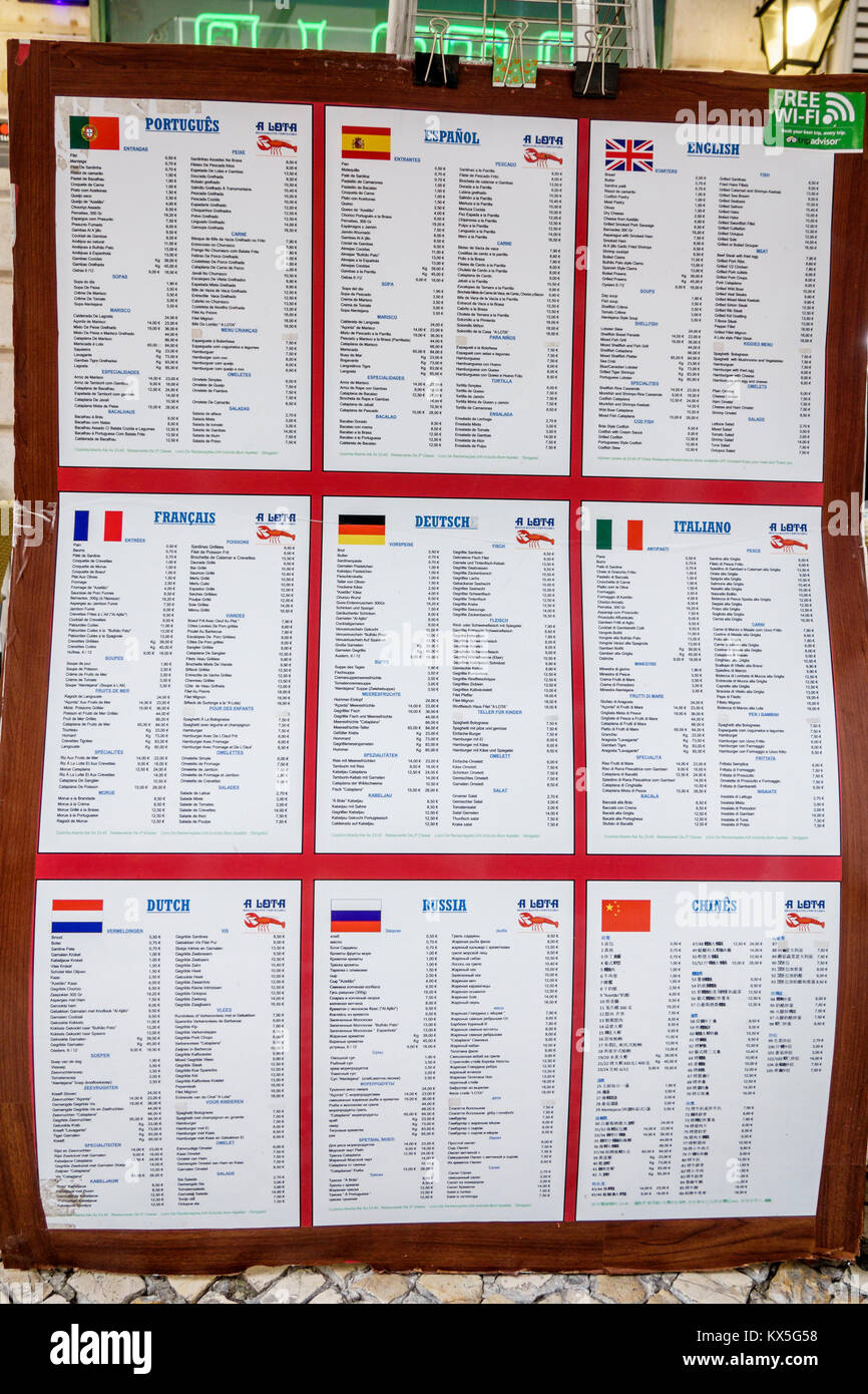 Lisbona Portogallo, Rossio, centro storico, Restaurante A Lota, ristoranti, ristoranti, ristoranti, ristoranti, ristoranti, ristoranti, ristoranti, caffè, bistrot, menu, lingue, spagnolo, Portu Foto Stock