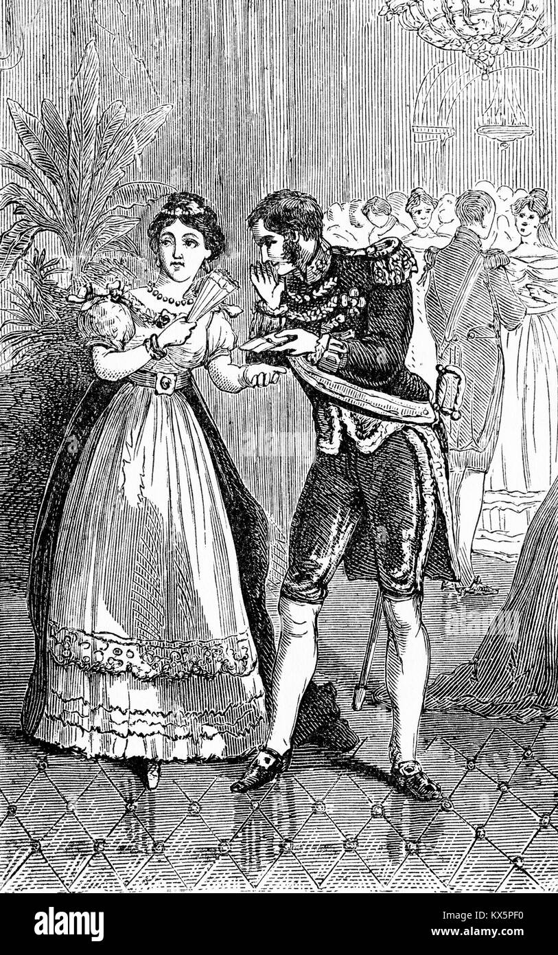 Incisione di una persona che passa un amore-lettera da Duroc di Hortense. Da Hortense, da John Abbott, 1904. Foto Stock