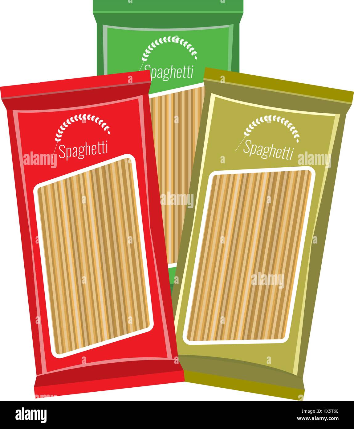 Spaghetti o pacchetto di pasta mockup, isolato su sfondo bianco. Piatto e colore solido stile vettore illustrato. Illustrazione Vettoriale