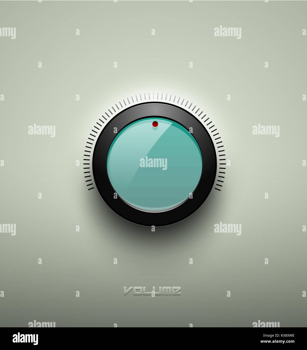 La tecnologia verde musica vetroso icona pulsante, le impostazioni del volume del suono, manopola di controllo con anello di plastica nero in scala, ombra e luce. Sfondo isolato Illustrazione Vettoriale