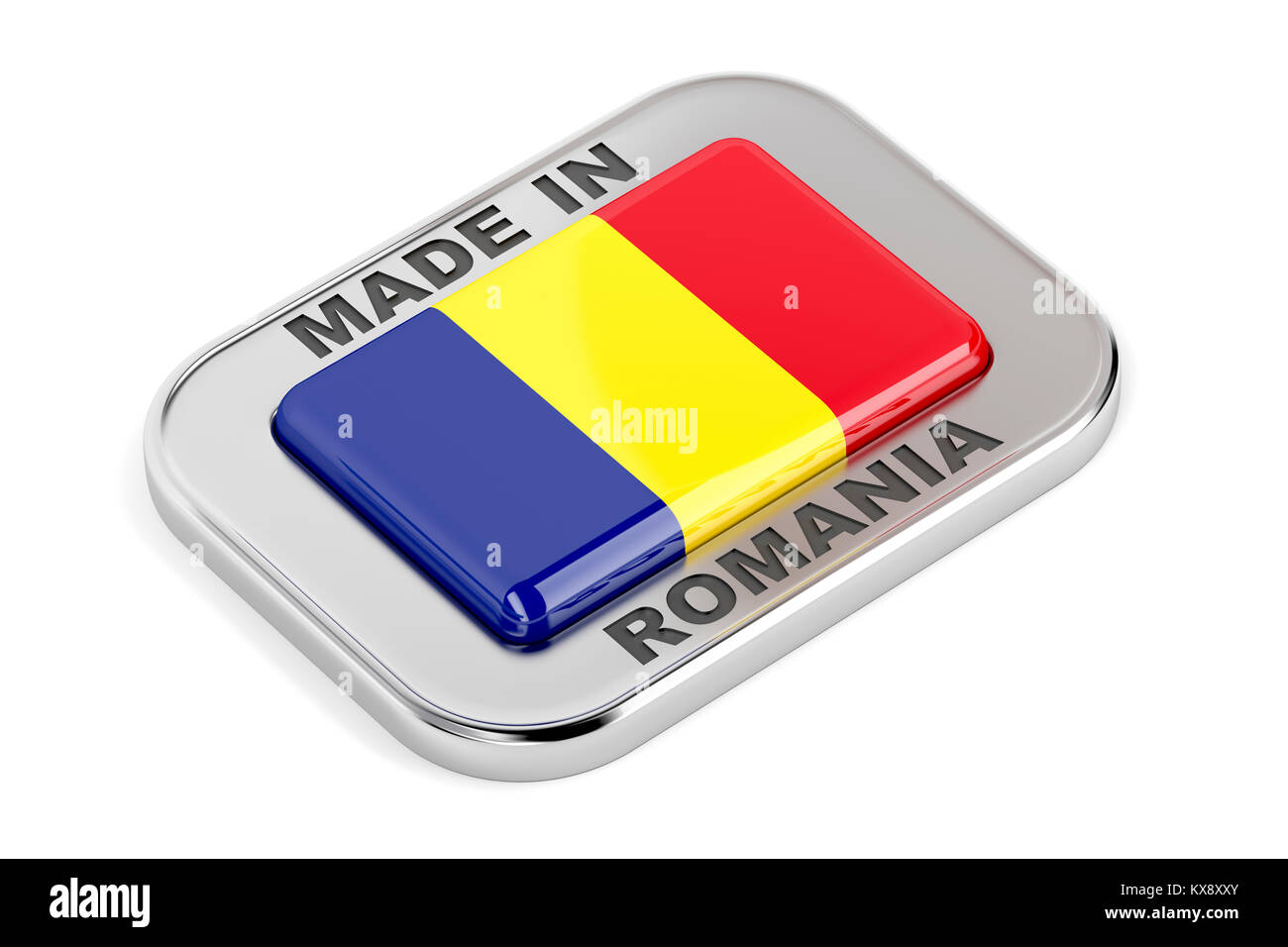 Realizzati in Romania, brillante distintivo con bandiera rumena Foto Stock
