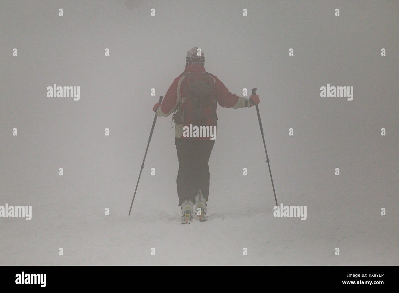 Escursionista con pali trekking che arrivano al coperto di neve e nebbia vertice di Skrzyczne mountain in Szczyrk voce per i sentieri escursionistici Foto Stock