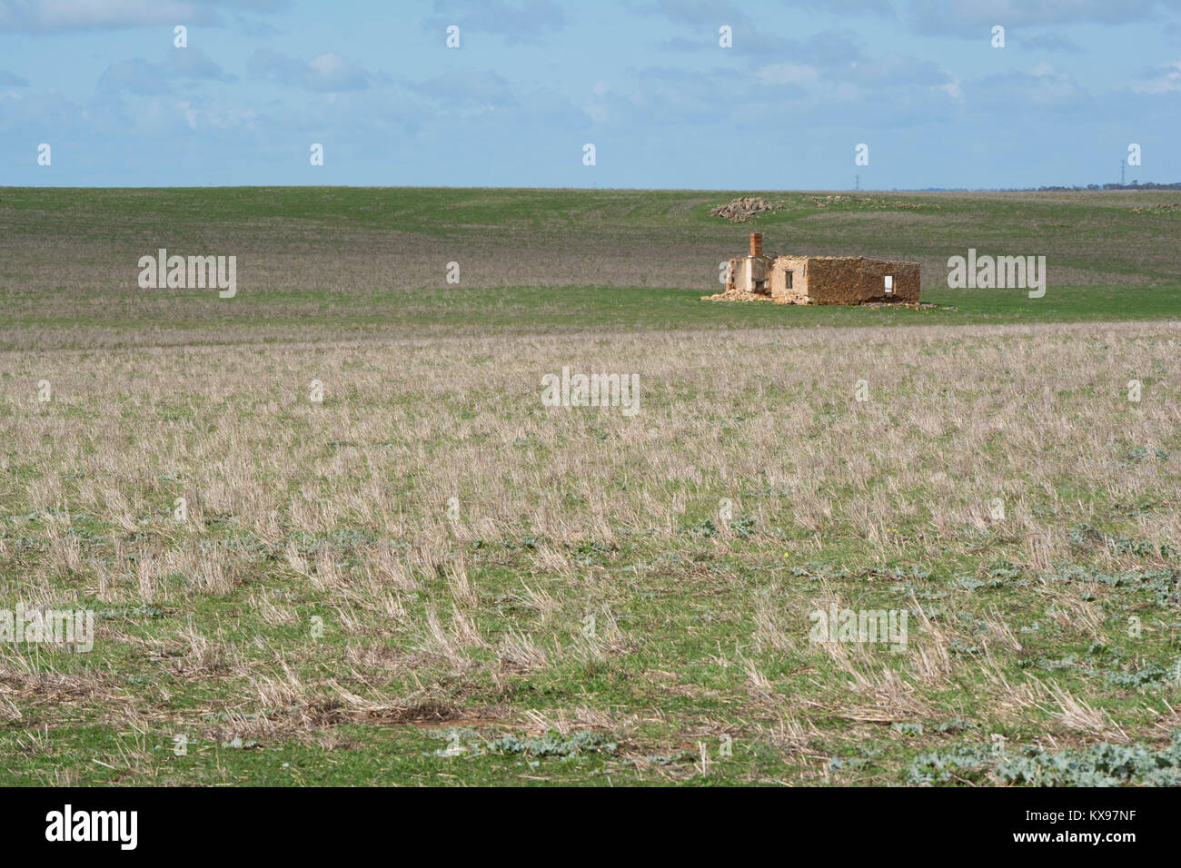 Mannum, South Australia, Australia - 19 agosto 2017: piccoli cottage homestead in rovine sulla open farmland entro il distretto Murraylands. Foto Stock