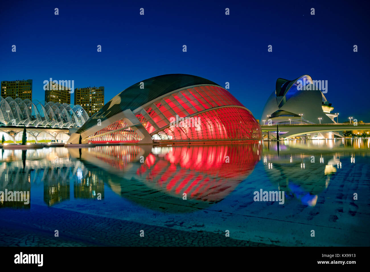 Architettura moderna edifici della Città delle Arti e delle Scienze. Progettato da Santiago Calatrava a notte. Valencia, Spagna - Gennaio 2018 Foto Stock