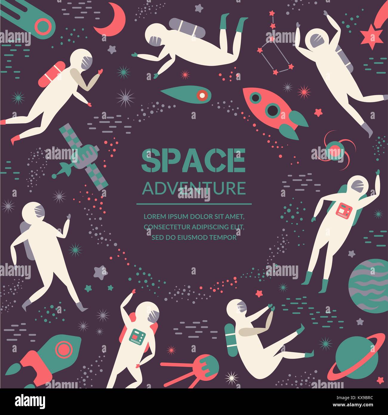 Avventura spaziale.oggetti cosmica, simboli ed elementi di design, astronavi, pianeti e stelle, rucola, satellite Illustrazione Vettoriale