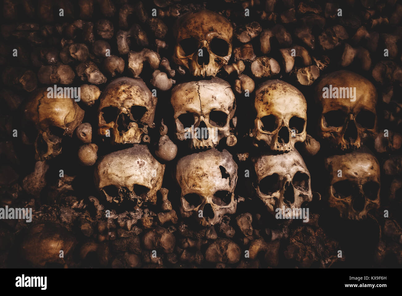 Teschi e le ossa nelle catacombe di Parigi Francia Foto Stock