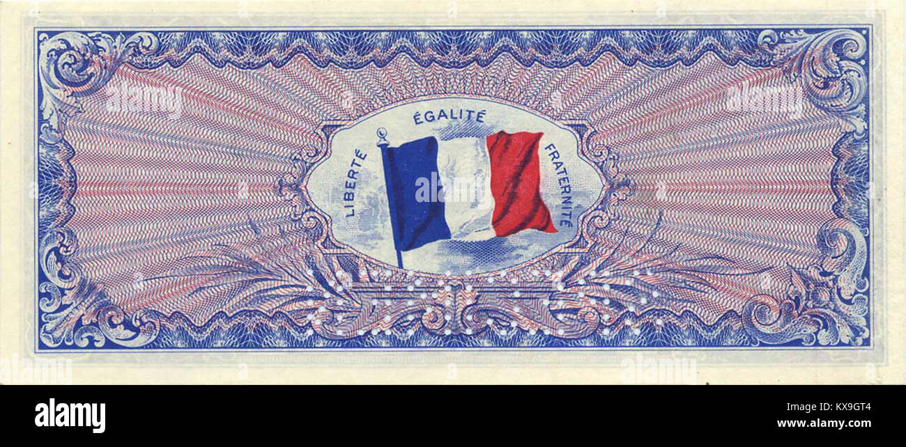 Moneta francese del 1944 che mostra la bandiera tricolore sul retro, simboleggiando l'orgoglio nazionale e la resilienza durante la seconda guerra mondiale Foto Stock