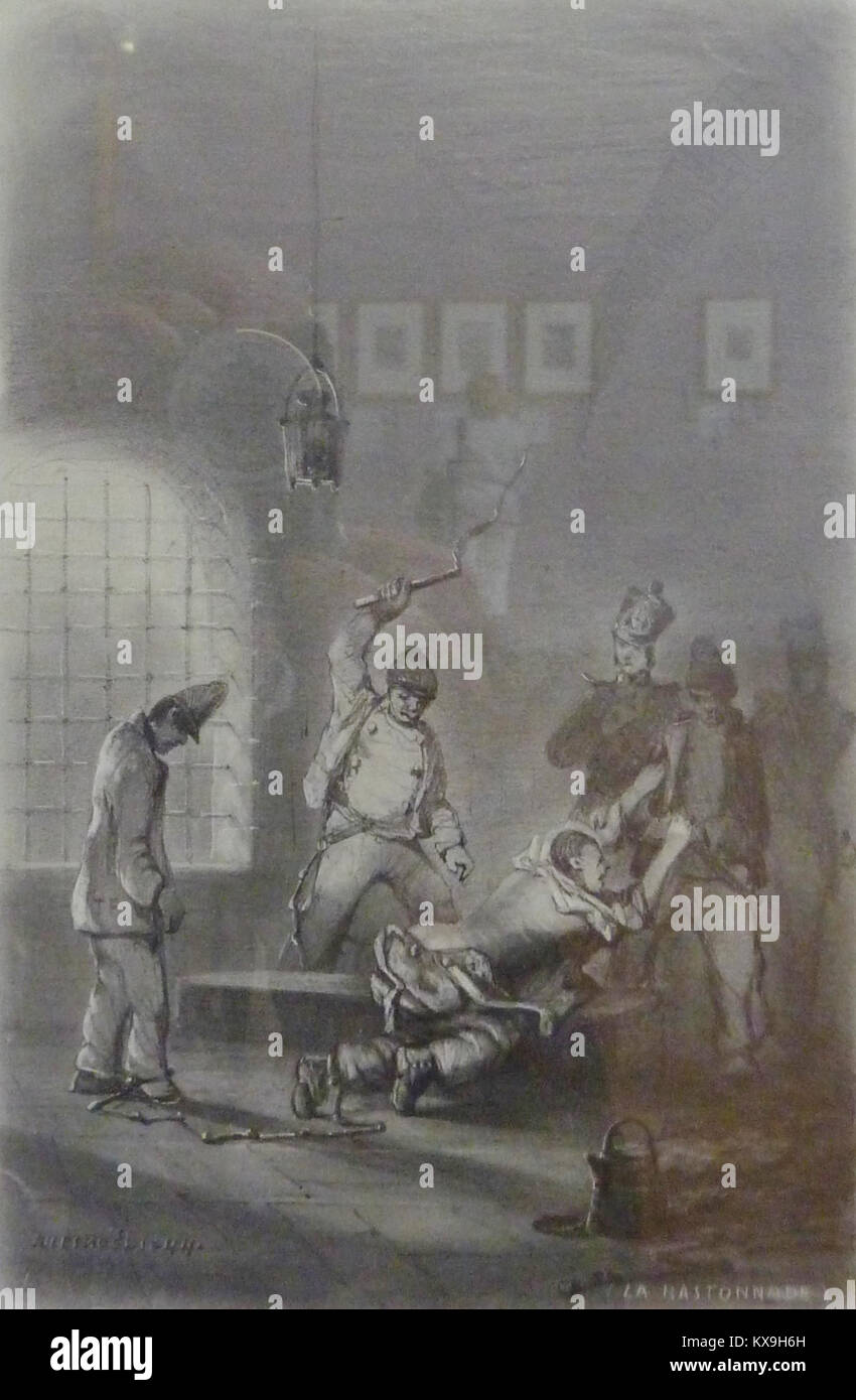 Il dipinto *la Bastonnade* di Jules Noël, esposto al Museo di Belle Arti di Brest, raffigura una scena storica di punizioni corporali. Riflette l'arte francese del XIX secolo e la sua attenzione sui temi sociali durante quel periodo. Foto Stock