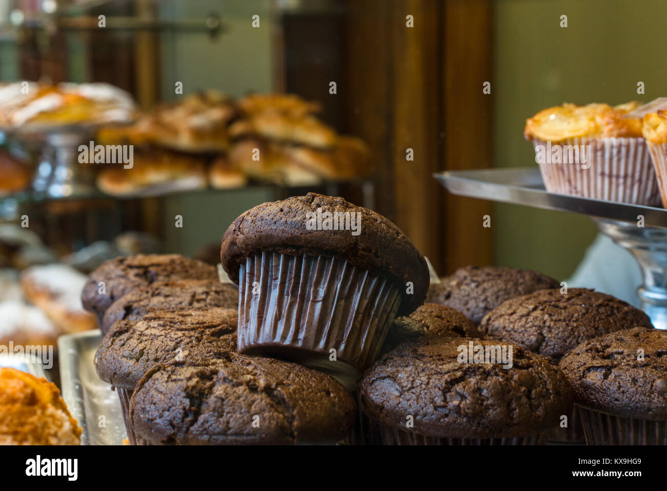 Tortina di cioccolato nella finestra di tradizionali dolci e pasticceria (bomboneria pasteleria) La Colmena in Plaça del Ángel, Barcellona, in Catalogna, Spagna. Foto Stock