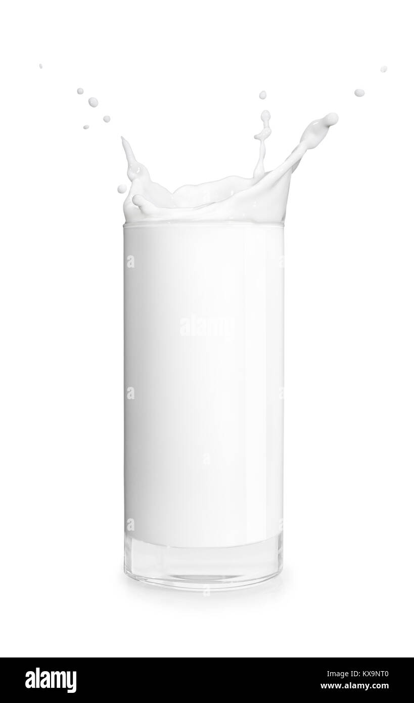 Bicchiere di latte isolato su sfondo bianco. Latte splash. Versare il latte Foto Stock
