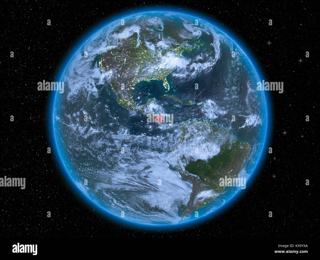 Vista notturna del Nicaragua evidenziata in rosso sul pianeta Terra con atmosfera e le nuvole. 3D'illustrazione. Gli elementi di questa immagine fornita dalla NASA. Foto Stock