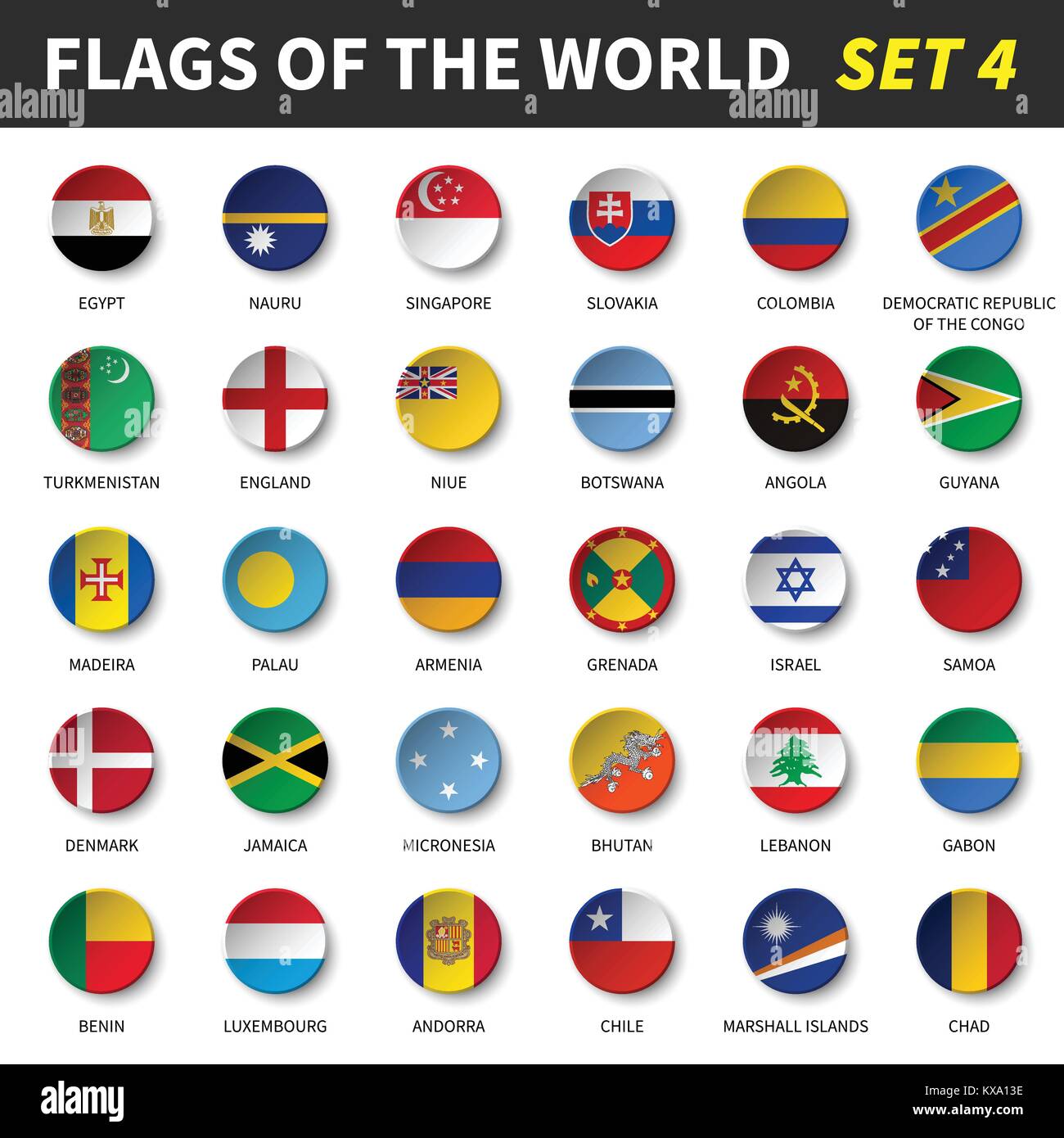 Tutte le bandiere del mondo set 4 . Cerchio e design concavo . Illustrazione Vettoriale