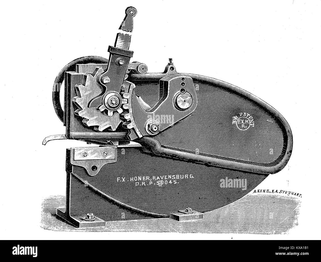 Illustrazione di un stagno snips, con cui è possibile tagliare dei fogli di lamiera di lunghezza illimitata e larghezza, da F. X. del levigatore a Ravensburg, Germania, digitale riproduzione migliorata da un originale xilografia o illustrazione a partire dall'anno 1880 Foto Stock