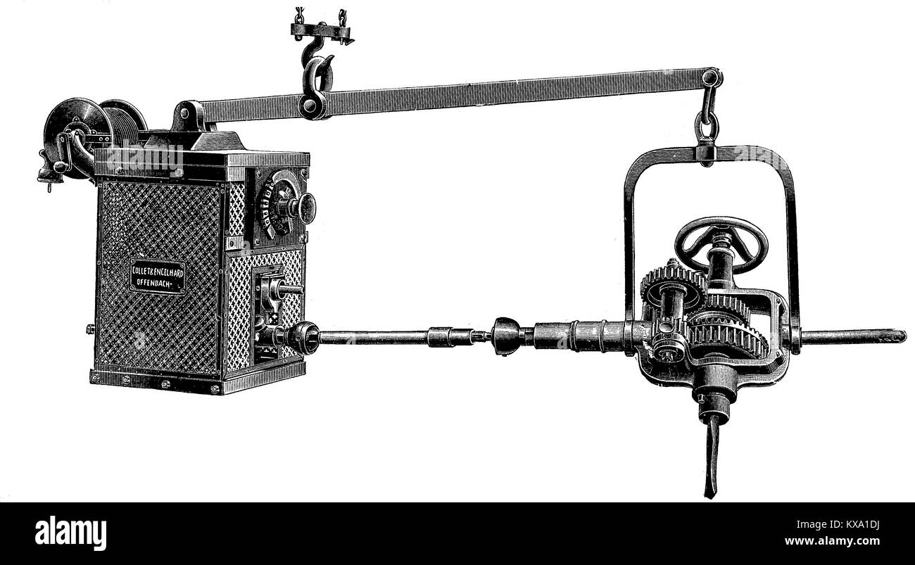 Illustrazione di un portatile di energia elettrica trapano da Coolet & Engelhard, Offenbach am Main, Germania, digitale riproduzione migliorata da un originale xilografia o illustrazione a partire dall'anno 1880 Foto Stock