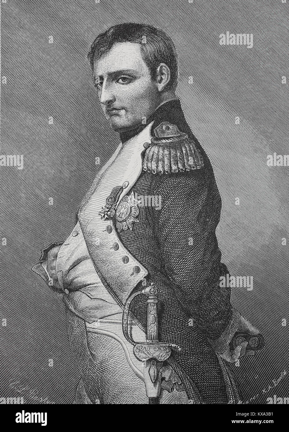 Napoleone Bonaparte, 15 agosto 1769 - 5 maggio 1821, è stato uno statista francese e capo militare che è salito alla ribalta durante la Rivoluzione francese e il led di diverse campagne di successo durante la Rivoluzione Francese e le guerre digitale riproduzione migliorata da un originale xilografia o illustrazione a partire dall'anno 1880 Foto Stock