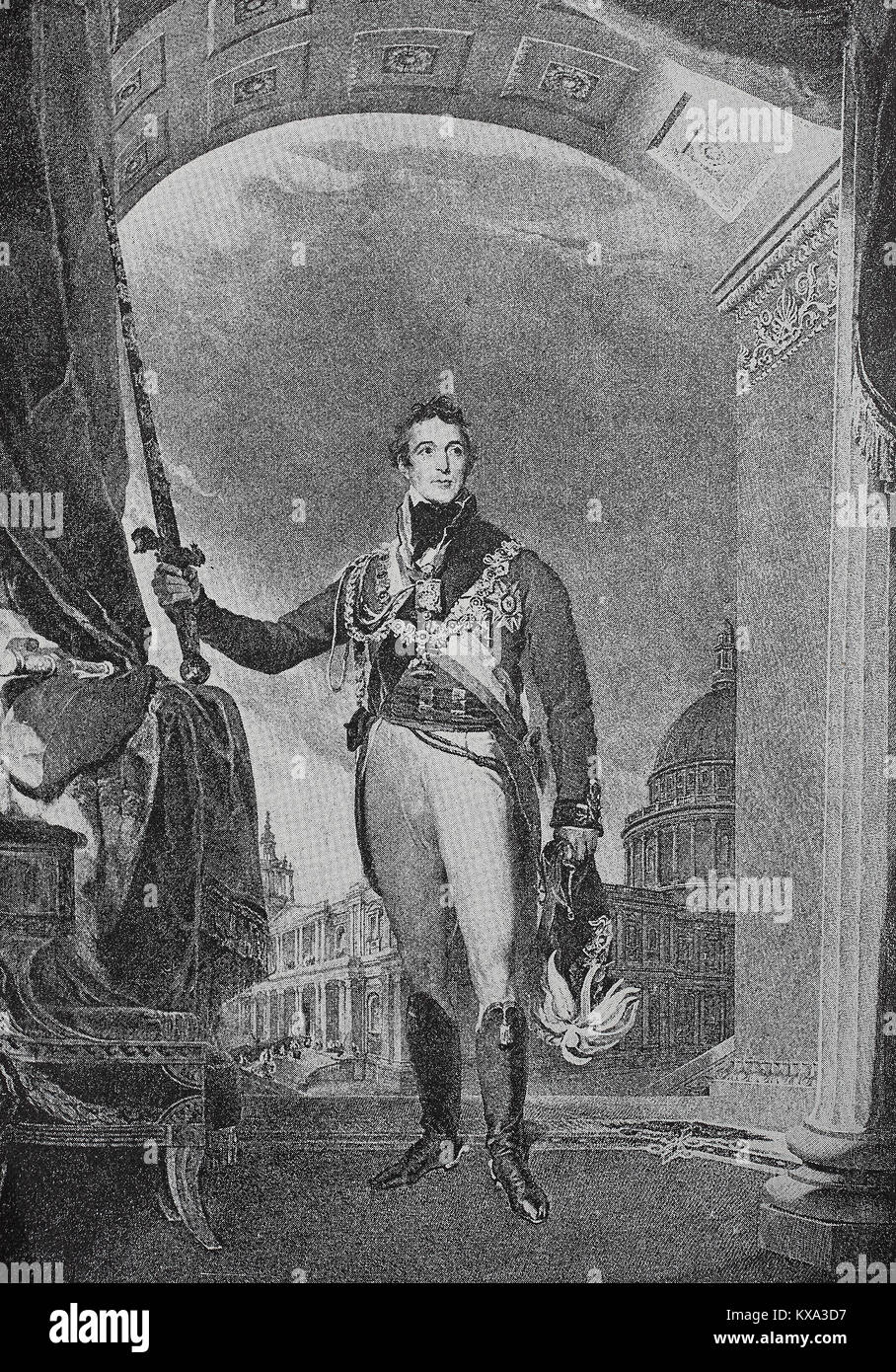 Arthur Wellesley, primo duca di Wellington, 1 maggio 1769 - 14 settembre 1852, era un maresciallo di campo e britannica leader militare dell'epoca napoleonica nonché degli Affari Esteri britannico e due volte Primo Ministro, digitale riproduzione migliorata da un originale xilografia o illustrazione a partire dall'anno 1880 Foto Stock