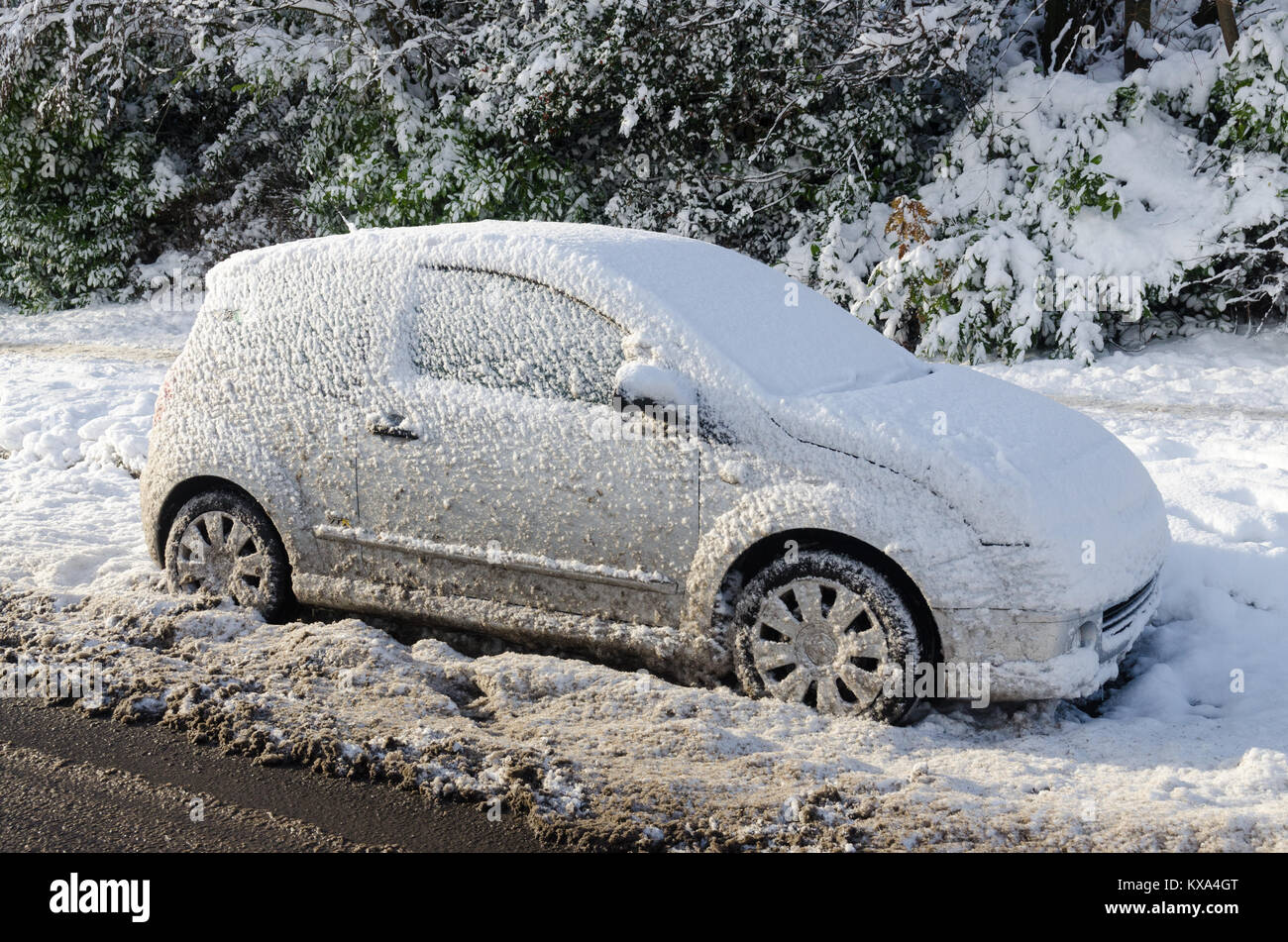 Auto abbandonate coperte di neve su una strada principale dopo la neve caduta. Foto Stock