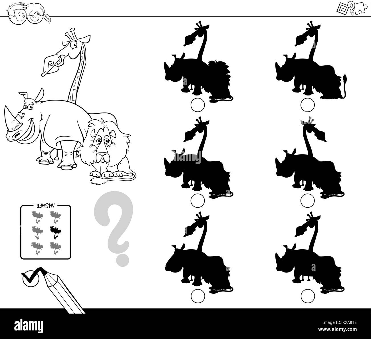 Bianco e Nero Cartoon illustrazione di trovare l'ombra senza differenze di attività educative per i bambini con divertenti animale selvatico caratteri col Illustrazione Vettoriale