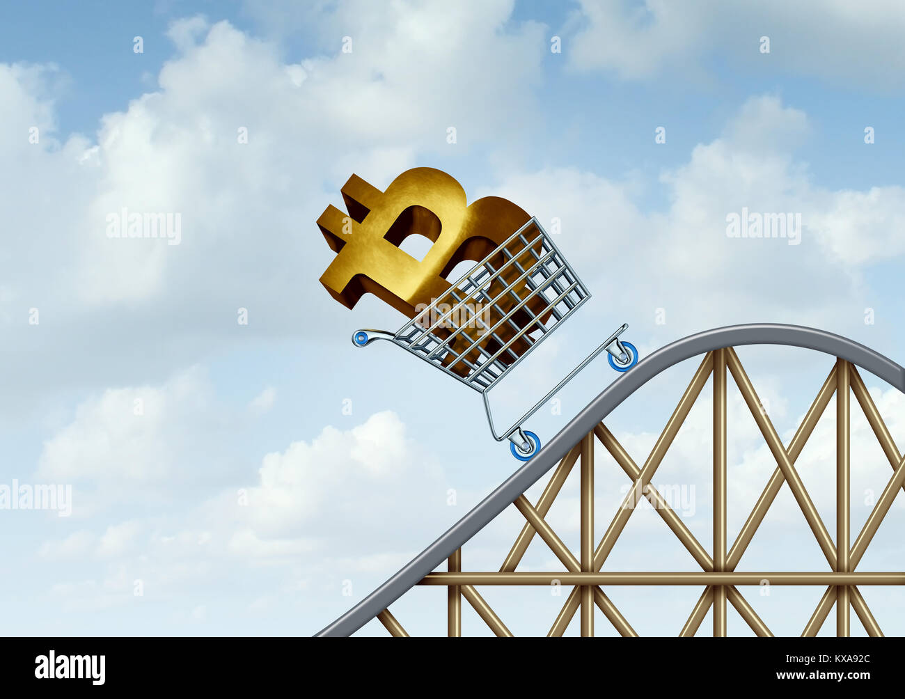 Bitcoin rise e cryptocurrency incertezza e digital crypto moneta come financial roller coaster ride simboli come 3D'illustrazione. Foto Stock