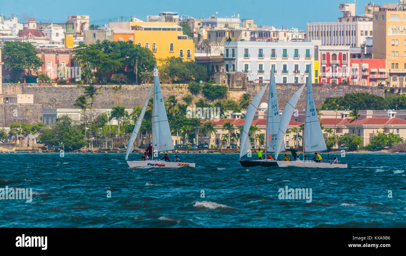 Una regata a San Juan Bay. Foto Stock