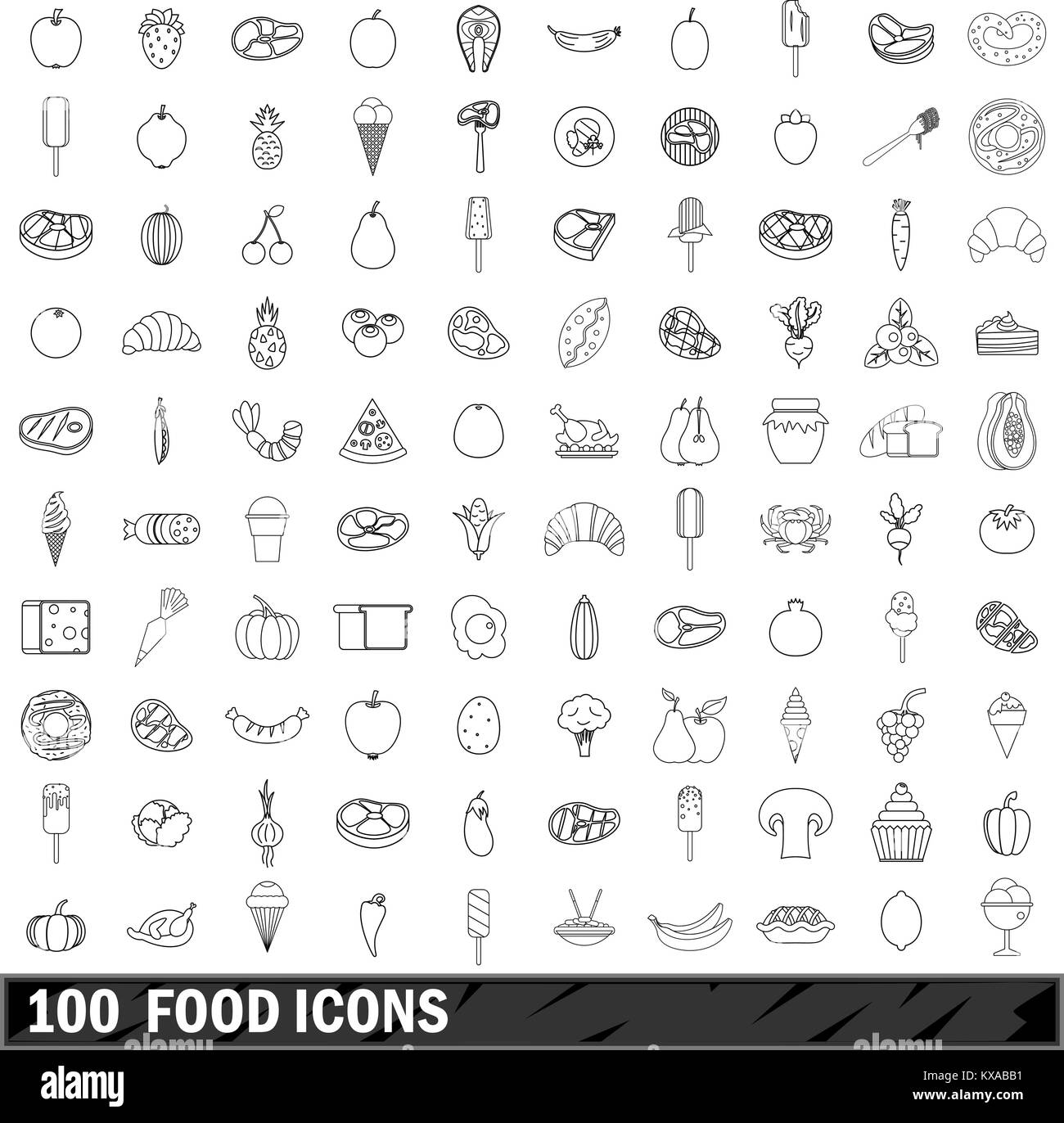 100 food set di icone di stile di contorno Illustrazione Vettoriale