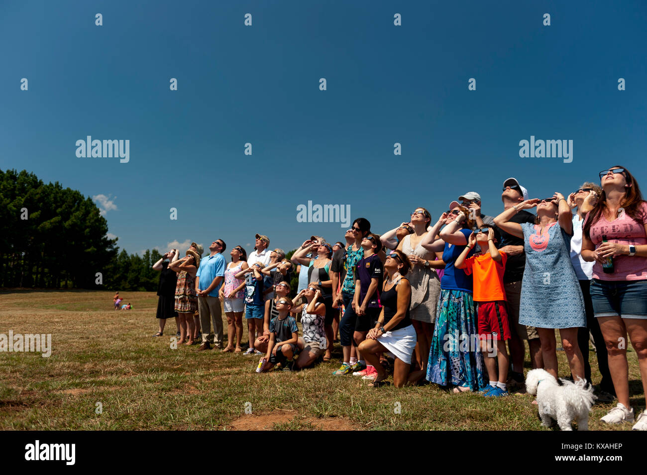 Un folto gruppo di persone che indossano occhiali scuri, in piedi insieme e guardare eclissi di Sole, Woodruff, South Carolina, STATI UNITI D'AMERICA Foto Stock