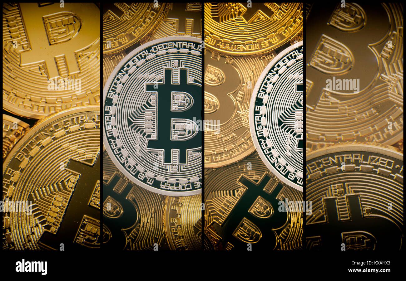 Immagine simbolo della turbolenza stock market crash valuta digitale, argento tra oro fisico Bitcoin monete Foto Stock