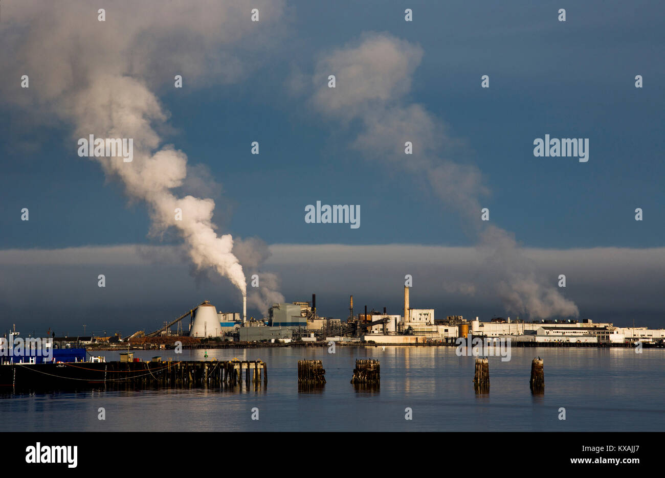 Mill emettendo fumo sul lungomare di Port Angeles, nello Stato di Washington, USA Foto Stock