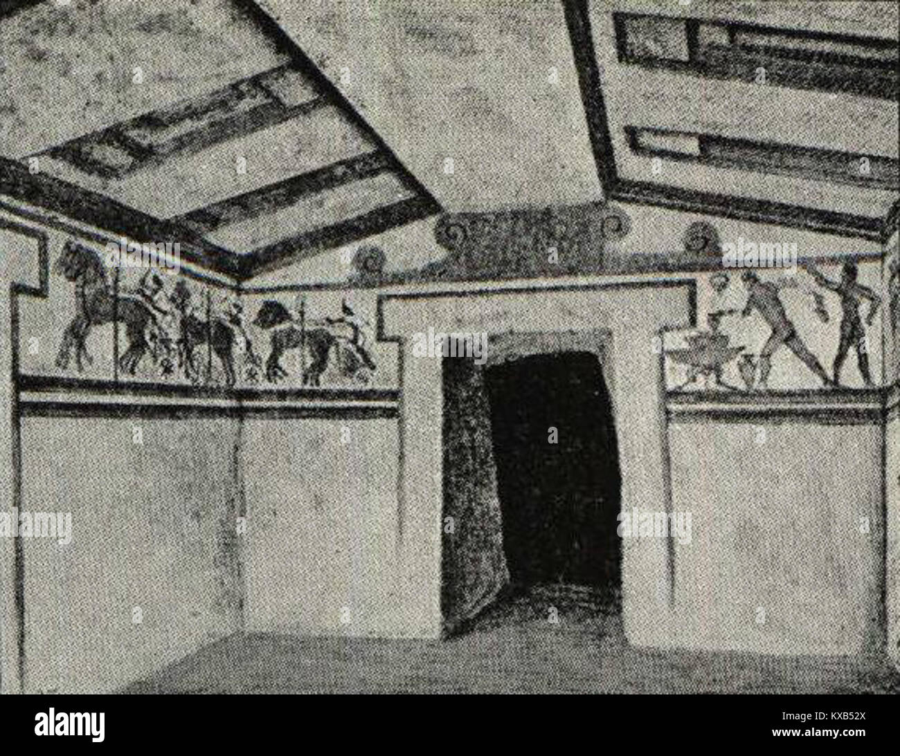 La camera di sepoltura di chiusi presenta pitture murali, che illustrano l'arte funeraria e il patrimonio culturale etrusco come descritto nel Nordisk familjebok. Foto Stock