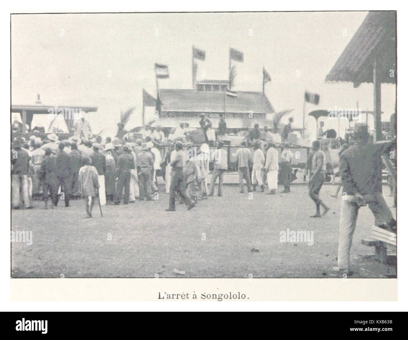 Un riferimento storico a "l'arrêt" a Songololo, una località nella Repubblica Democratica del Congo, che potrebbe documentare una stazione, un evento o un sito amministrativo attinente alla storia regionale. Foto Stock