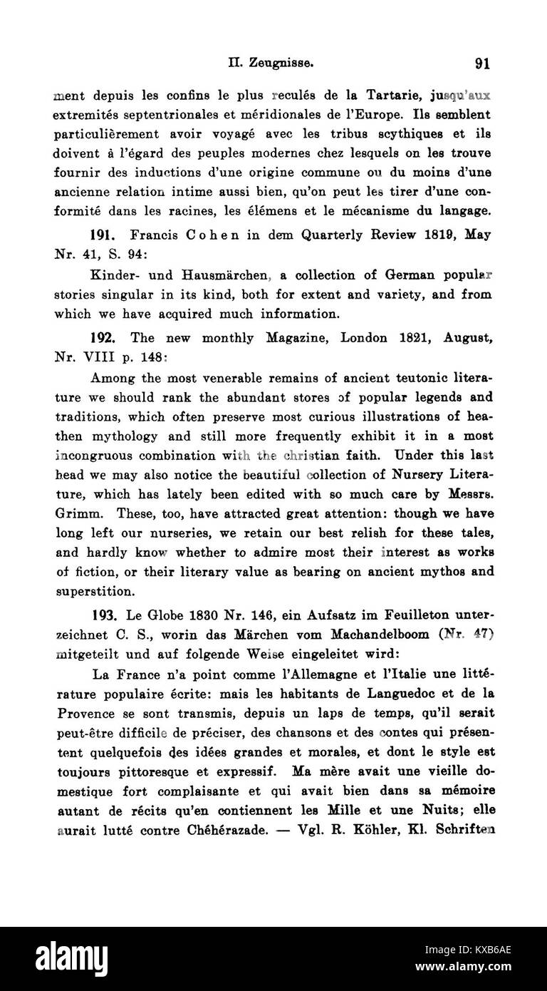 Pagina 91 delle annotazioni di Bolte e Polivka discute il contesto culturale e storico delle fiabe di Grimms. Foto Stock