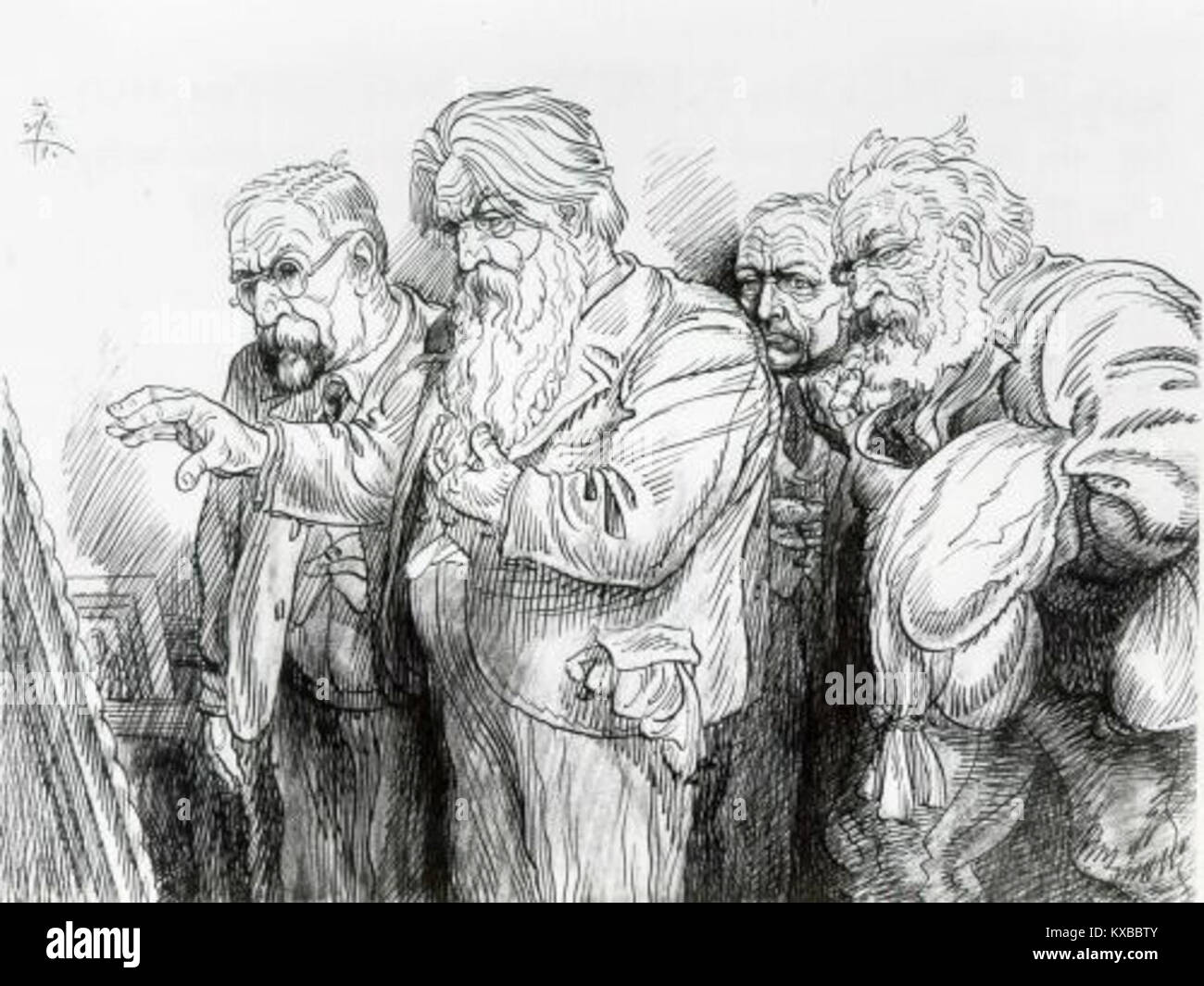 Una caricatura di Smrekar raffigurante Jama, Jakopic e Vesel, che fornisce un ritratto satirico di figure culturali nell'Europa dei primi anni del XX secolo. Foto Stock