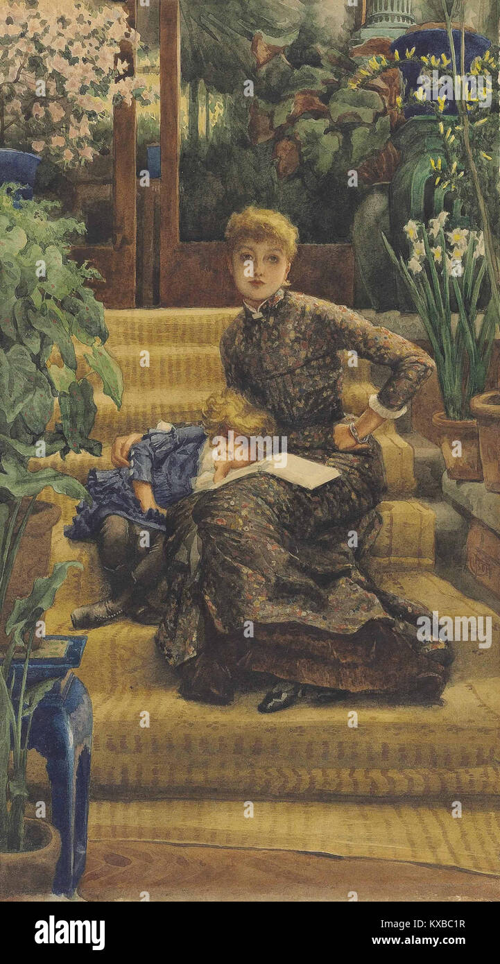 "La Soeur Ainée" (la sorella maggiore) di James Tissot, dipinta alla fine del XIX secolo, raffigura una scena domestica con donne, che riflette lo stile di Tissot nella ritrattistica e nell'arte narrativa. Foto Stock