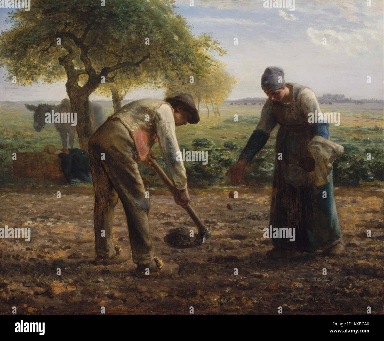 Il dipinto di Jean-Francois Millet «Potato Planters» ritrae i contadini francesi che piantano patate, enfatizzando il lavoro rurale, l’agricoltura e la vita della classe operaia nella Francia del XIX secolo. Foto Stock