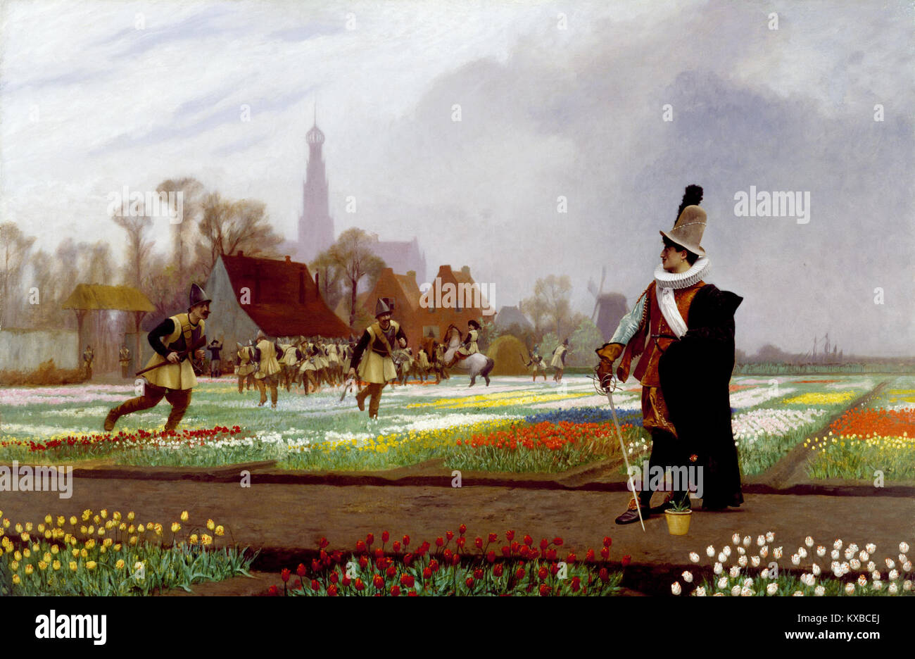 Il dipinto di Jean-Léon Gérôme "la follia dei tulipani" cattura il fenomeno culturale della Mania dei tulipani olandese del XVII secolo, illustrando il fervore e l'impatto sociale del commercio dei tulipani in quel periodo. Foto Stock