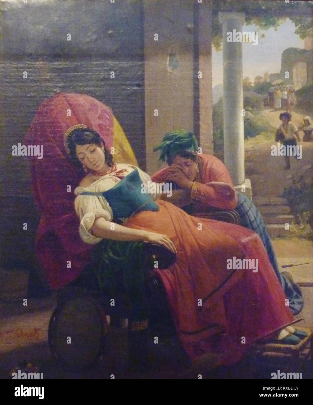 Un dipinto di Jean-Victor Schnetz intitolato "Femme assassinée" (donna assassinata), raffigurante una scena drammatica coerente con il romanticismo francese del XIX secolo, che illustra temi di tragedia ed emozione. Foto Stock