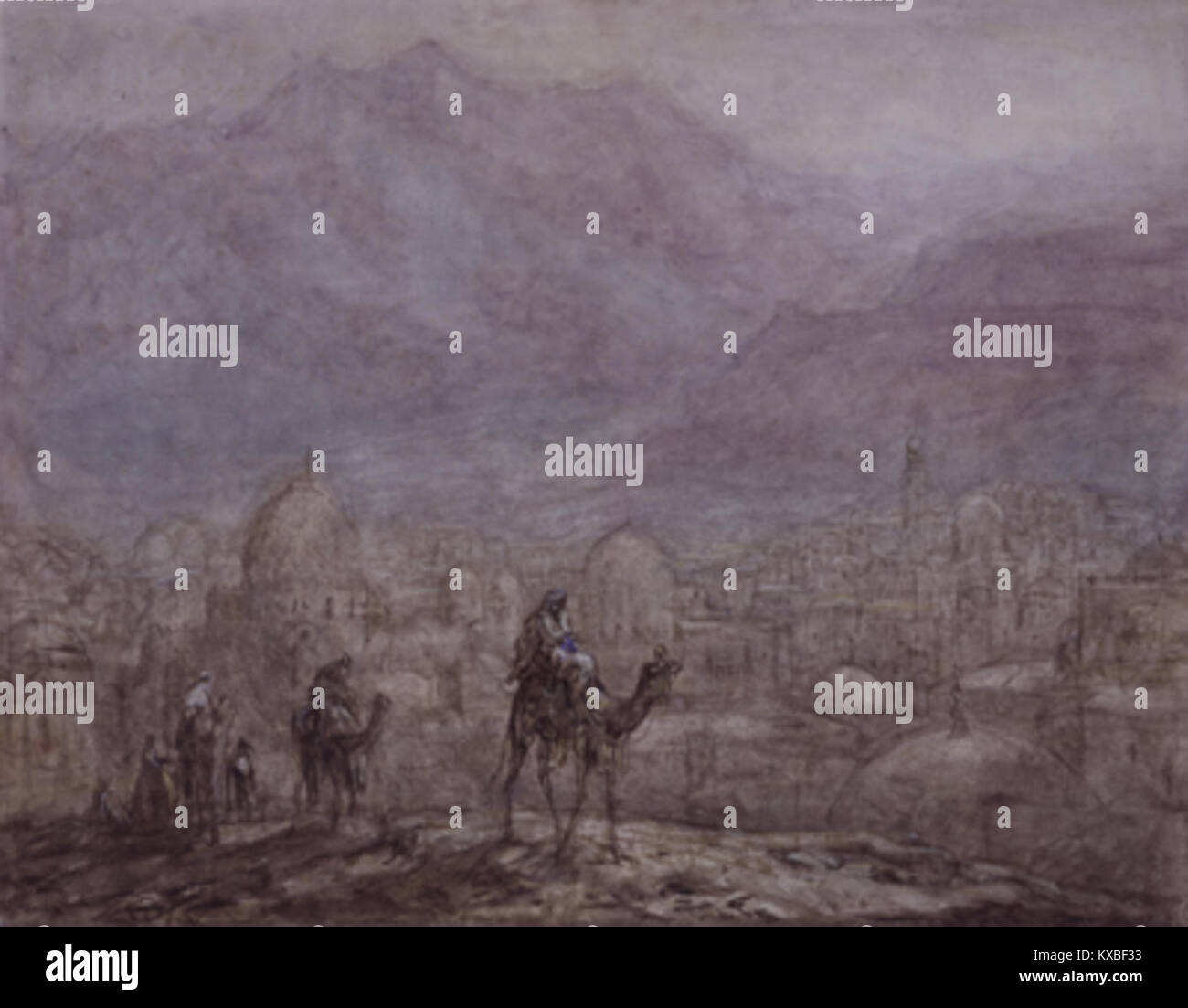 L'opera d'arte di Marius Bauer raffigura i cammelli vicino a una città orientale ambientata in un paesaggio montuoso, riflettendo il suo interesse per i temi orientalisti. Foto Stock
