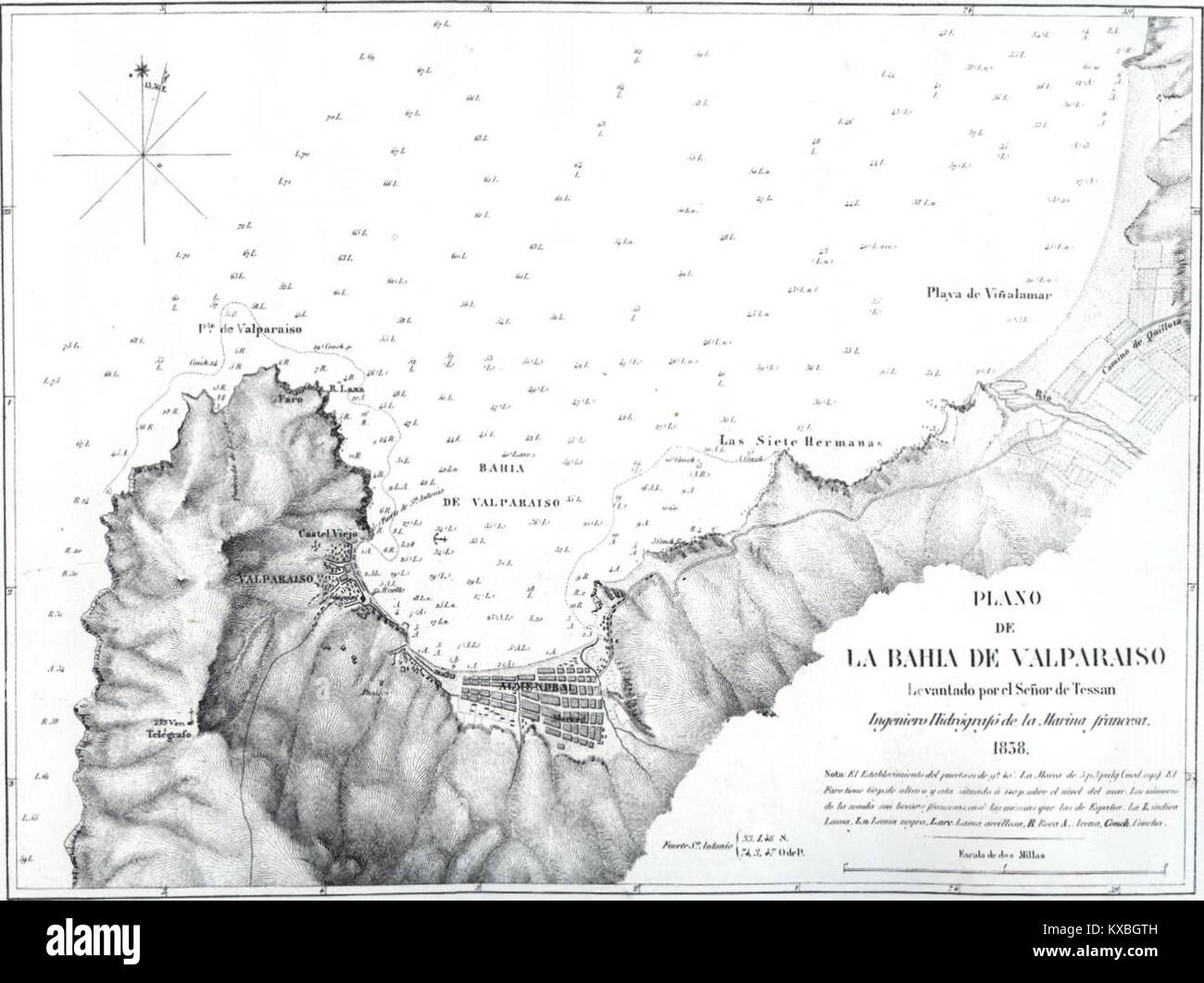 Una mappa del 1838 della baia di Valparaíso, in Cile, che illustra la geografia costiera, il design del porto e la prima rappresentazione cartografica dell'importanza marittima e commerciale della regione. Foto Stock