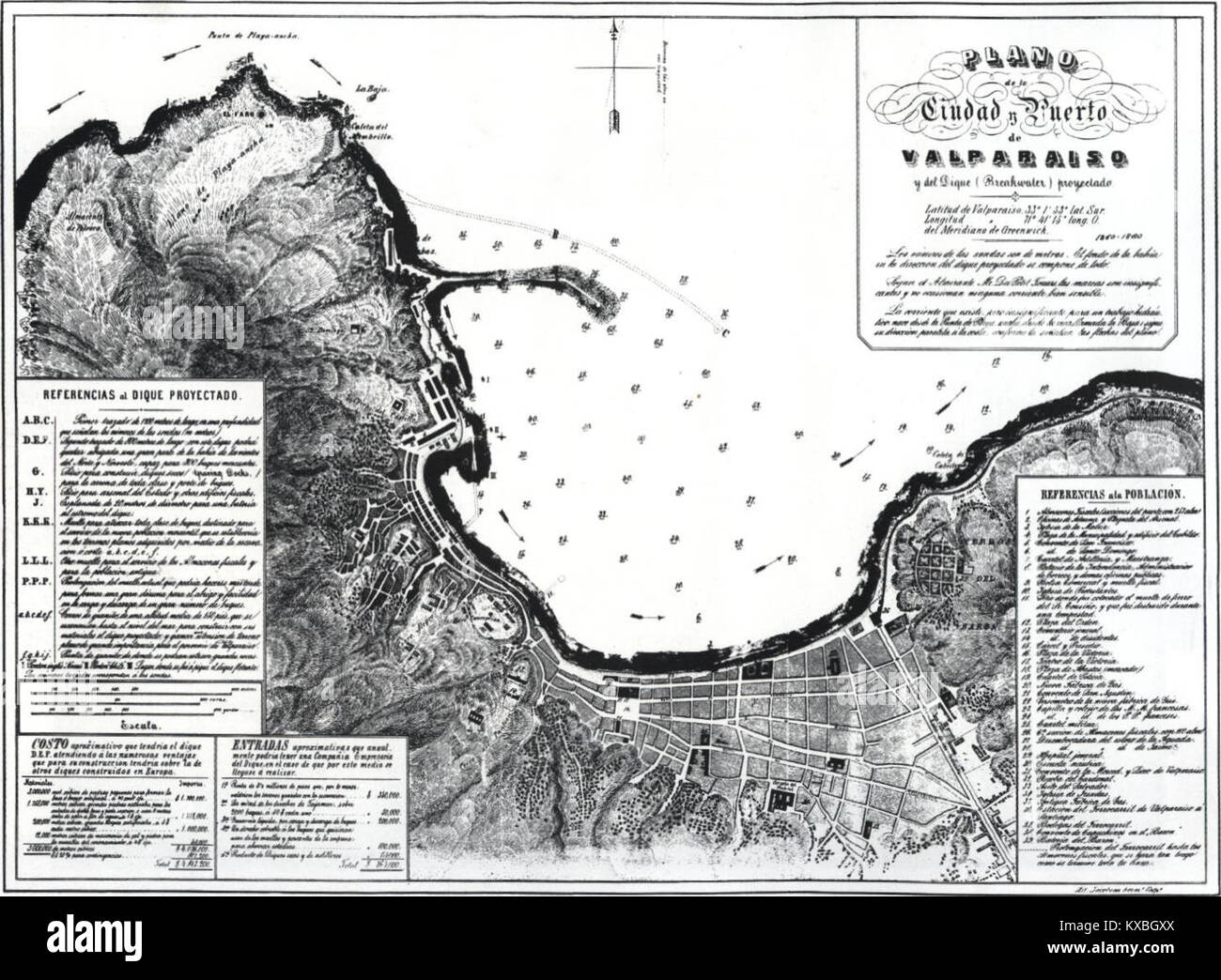 La mappa intitolata “Plano de la Ciudad y Puerto de Valparaíso” del 1850 circa mostra la struttura urbana e le strutture portuali di Valparaíso, Cile, comprese le frane proposte e la pianificazione costiera. Foto Stock