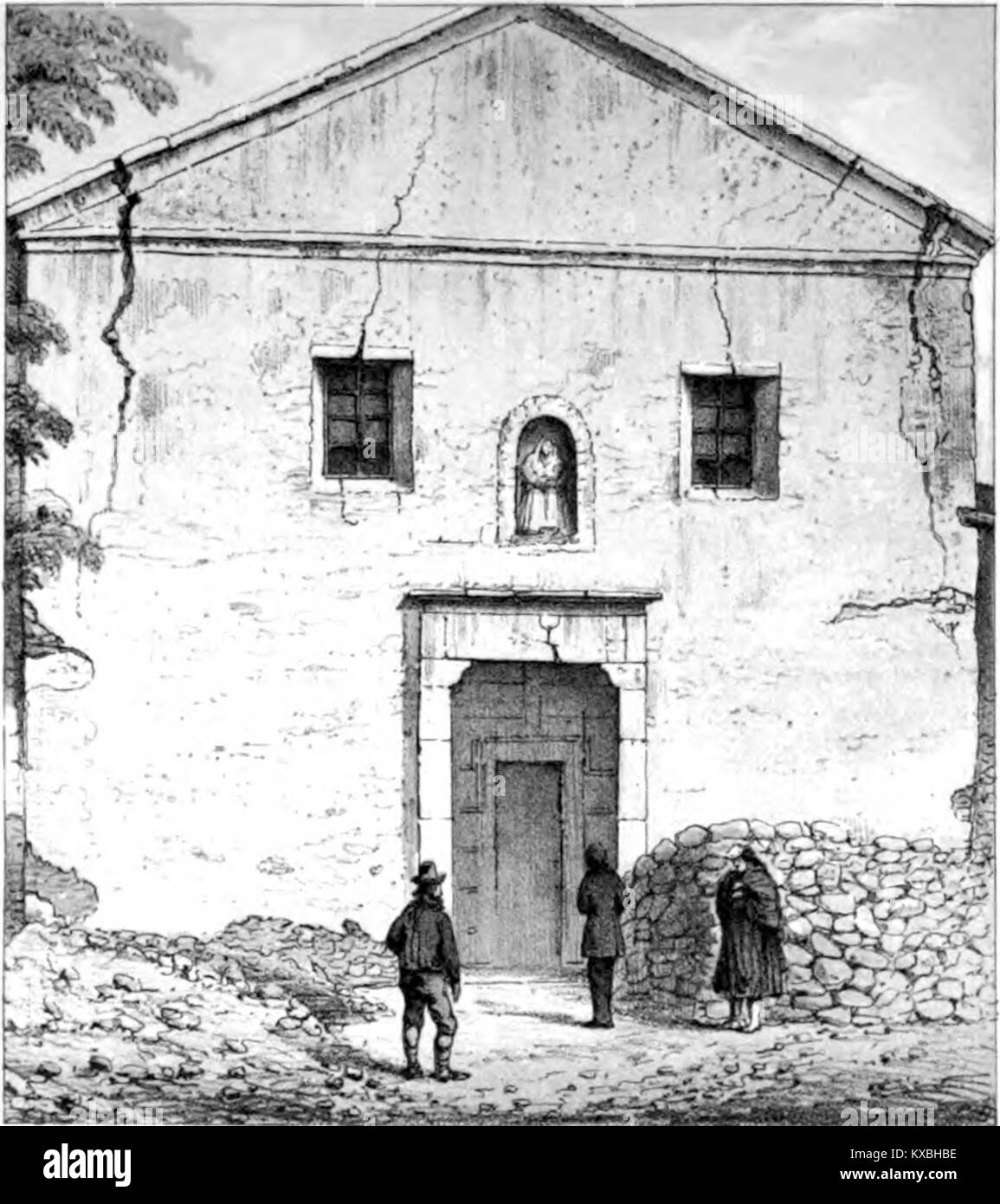 Questa targa raffigura il terremoto del 1857, che illustra l'impatto geografico e strutturale sulla regione colpita, che funge da record storico. Foto Stock