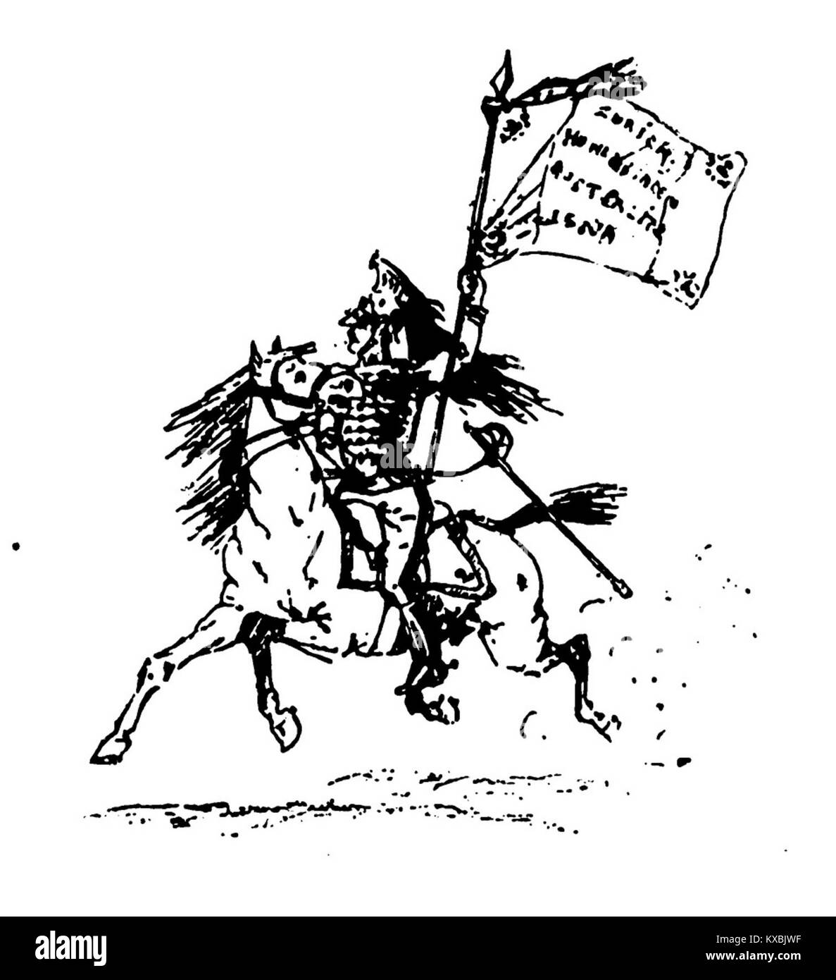 Uno schizzo storico che raffigura un portabandiera del 2° Reggimento di Dragoni durante l'era napoleonica, mostrando uniforme militare e bandiera del reggimento. Foto Stock