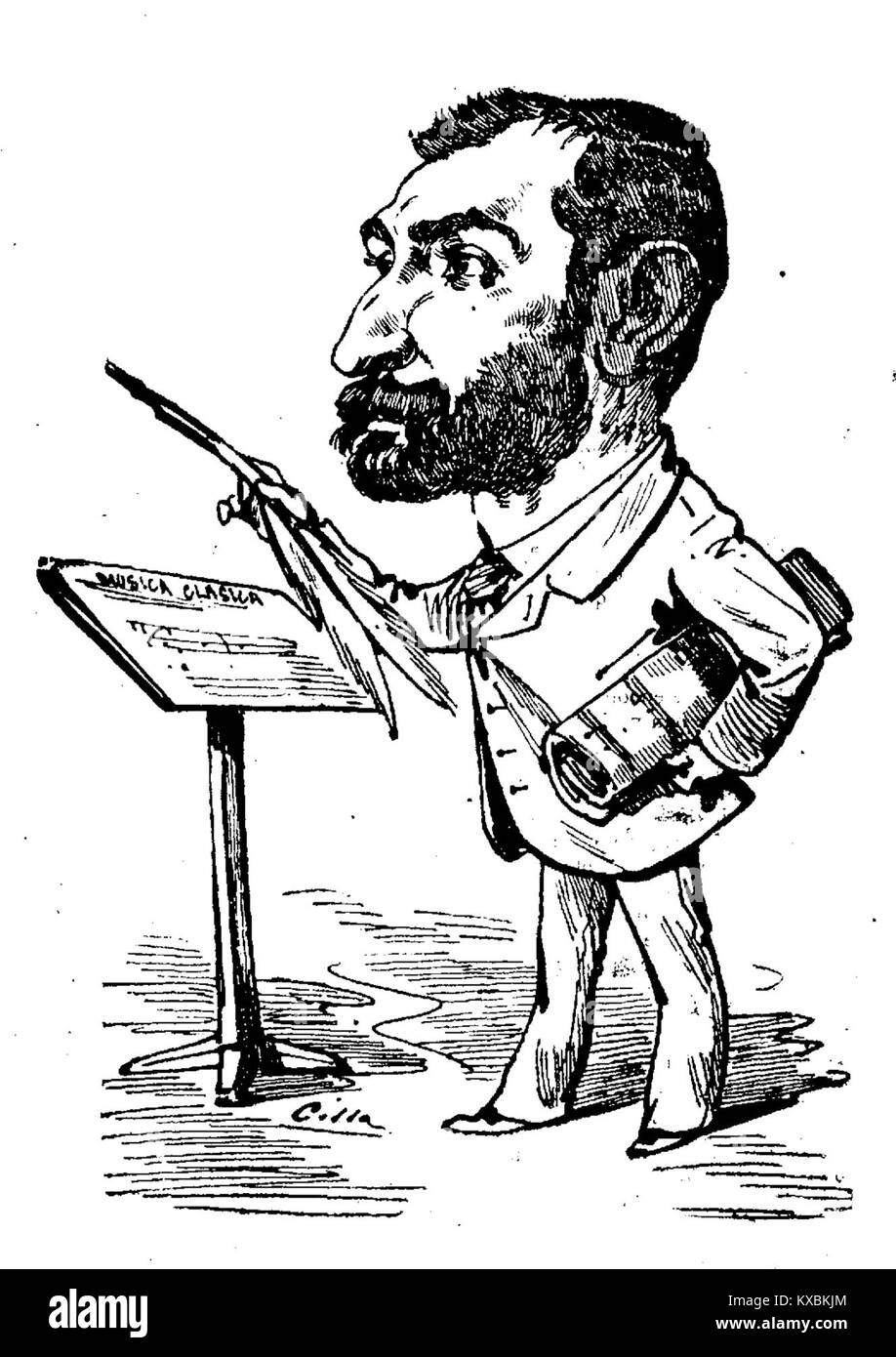 Illustrazione ritagliata del quotidiano spagnolo «Cómico», pubblicato il 9 luglio 1881, creato da José Estremera. L'opera rappresenta l'umorismo spagnolo del XIX secolo e la cultura della stampa satirica. Foto Stock