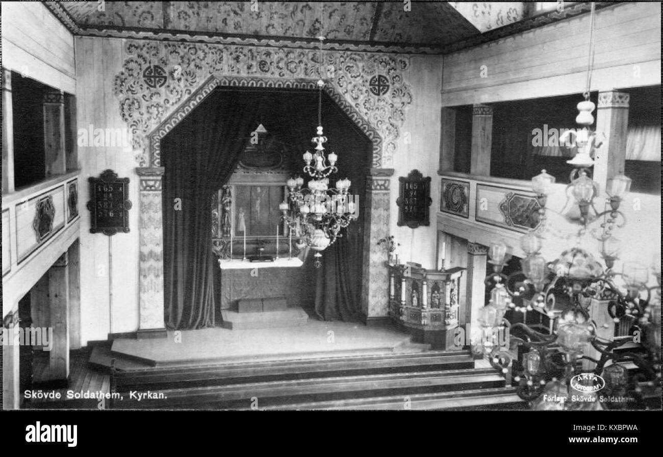 L'edificio noto come Skövde Soldathem e l'adiacente Garnisonskyrkan a Skövde, Svezia, è uno storico complesso di guarnigione militare che serviva coscritti e forze di guarnigione, documentato con il numero 16000200169104. Foto Stock